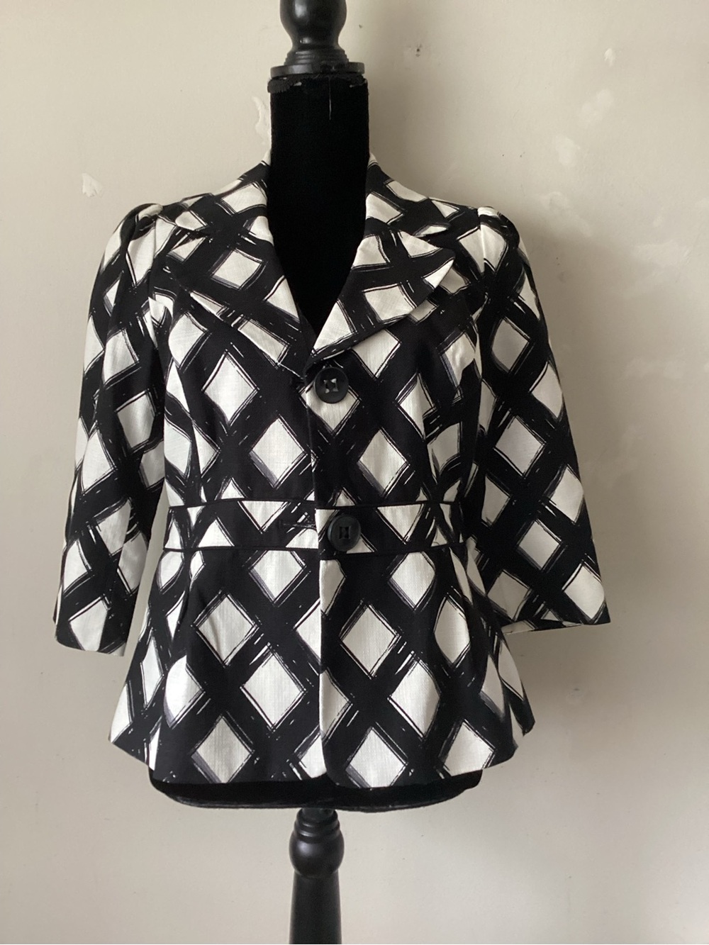 East 5th Black & White Geometric Peplum Jacket - Women